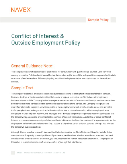 Conflict Of Interest Outside Employment Sample Policy NAVEX